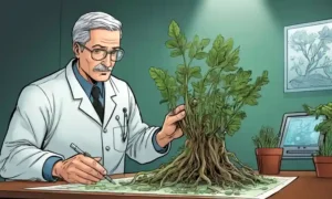Científico de investigación que examina las raíces de las plantas con muestras de microscopio en escritorio.