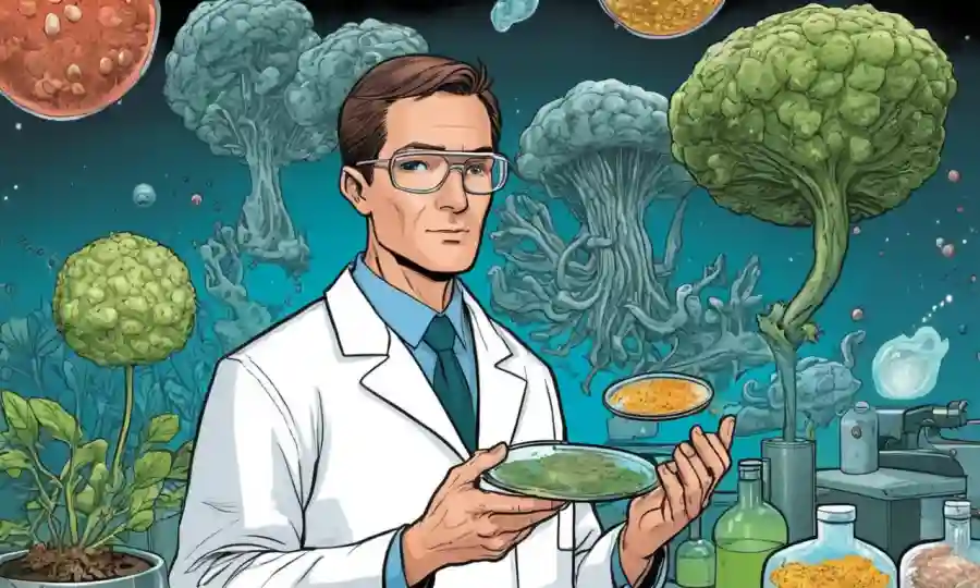 Un científico de laboratorio que sostiene un plato Petri con crecimiento fúngico, rodeado de símbolos agrícolas.