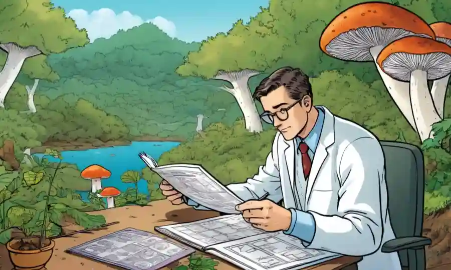 Un científico de investigación que estudia hongos en un entorno natural con tablas de datos y gráficos.