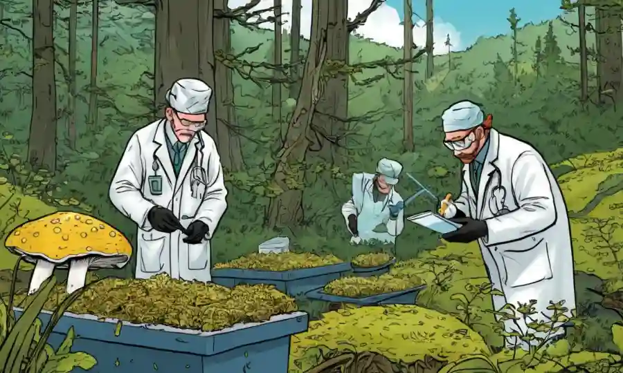 Científicos recolectando muestras fúngicas en un ecosistema natural.