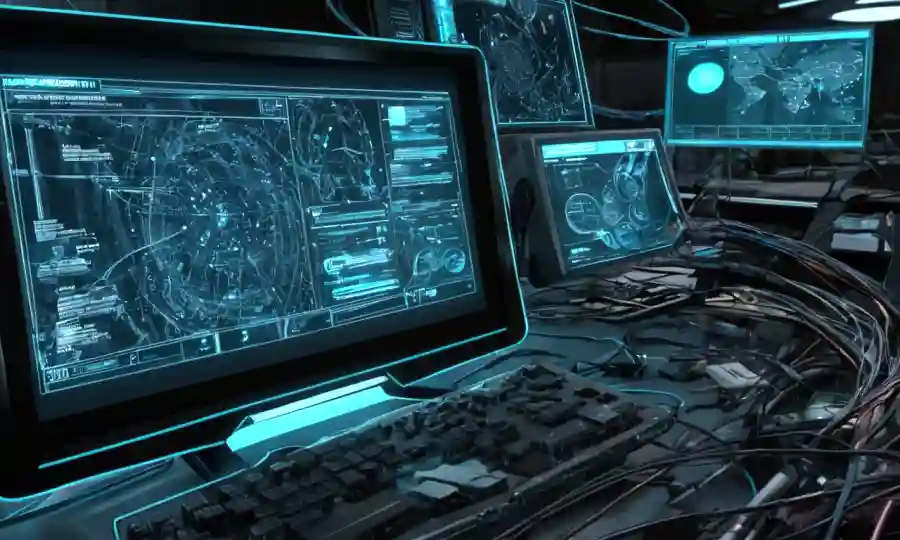 Una pantalla de ordenador futurista que muestra datos sobre relaciones simbióticas, con alambres y microscopios cercanos.