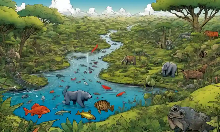 Ilustración de especies interconectadas en un ecosistema con sistemas de monitoreo alrededor.
