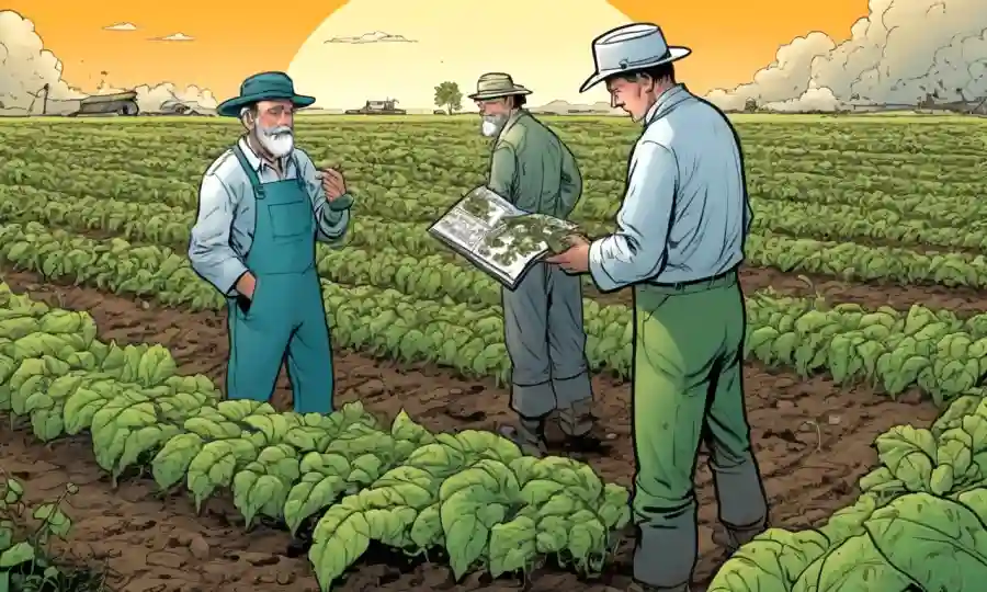 Agricultores o científicos inspeccionando cultivos rodeados de descomposición de materia vegetal.
