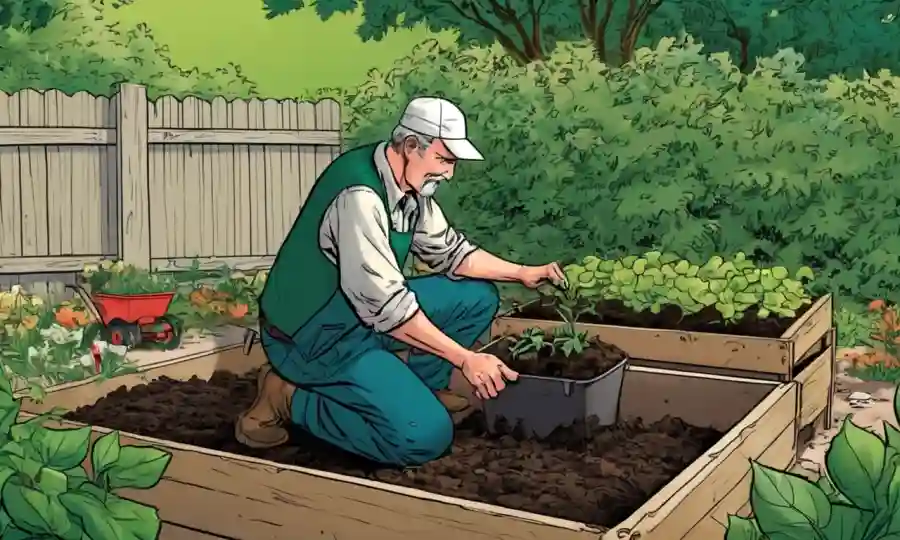Granjero arrodillado junto a una cama compuesta en un jardín, rodeado de vegetación.