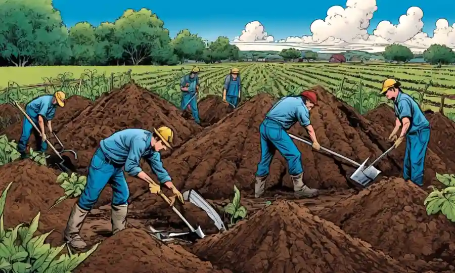 Trabajadores de campo agrícola utilizando herramientas manuales en un paisaje cultivado con pilas de compost.