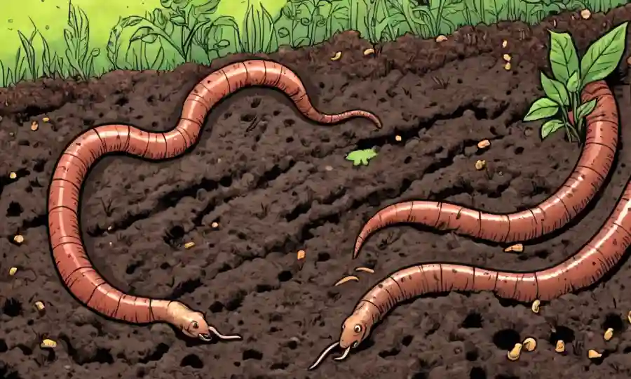 Los gusanos de tierra descomponen materia orgánica en suelo con plantas que crecen cerca.