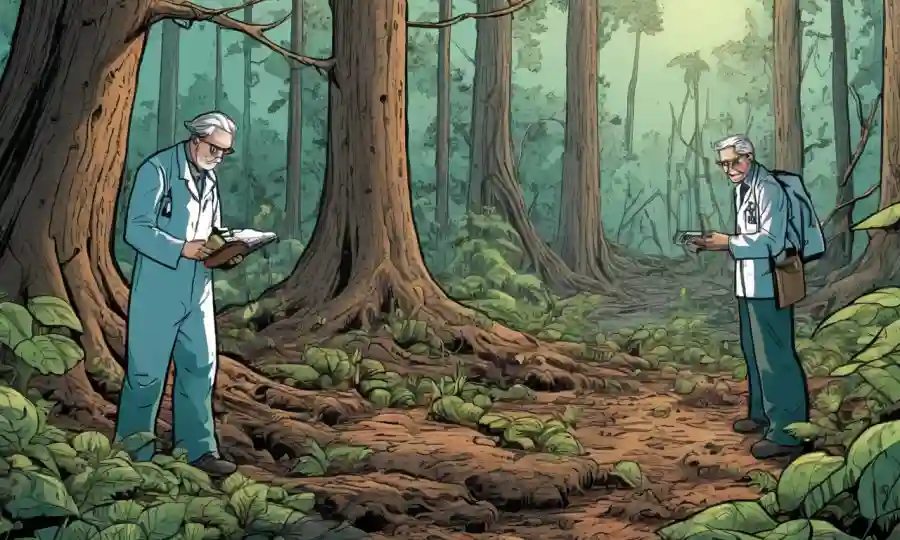 Científicos analizando la desintegración de materia orgánica en un ecosistema forestal.