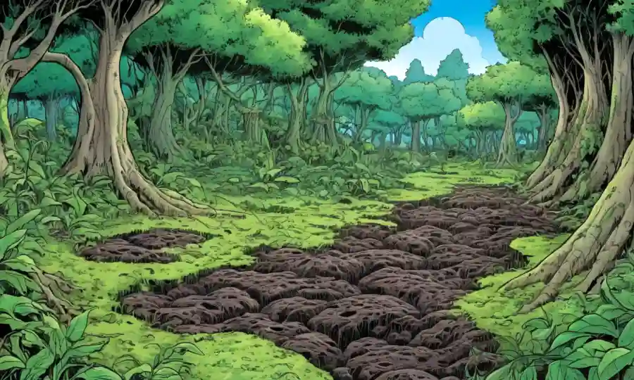 Imagen mostrando materia orgánica descompuesta en medio de vegetación exuberante.