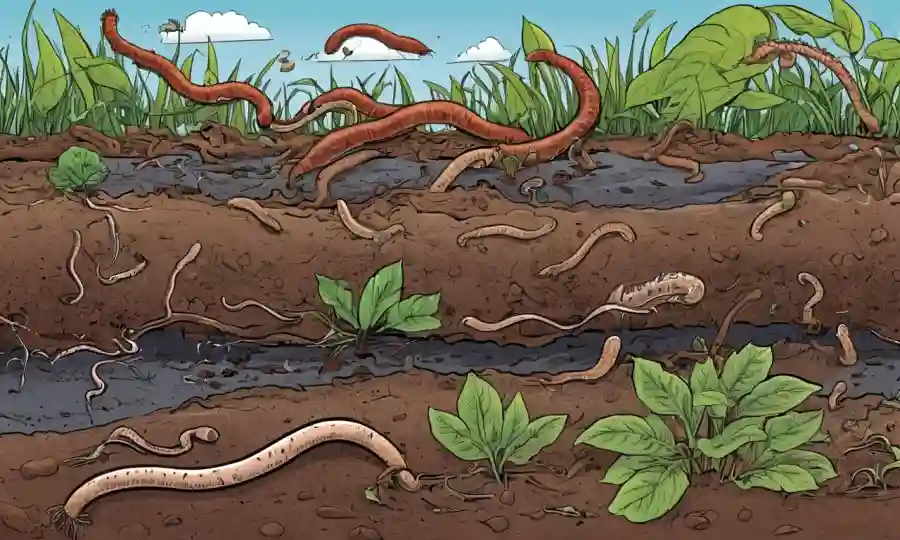 Una ilustración del proceso de descomposición que muestra gusanos de tierra, microbios y materia vegetal descomposición.