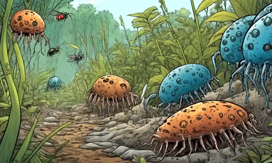Microorganismos, insectos y descomposición de materia orgánica en un ambiente natural.