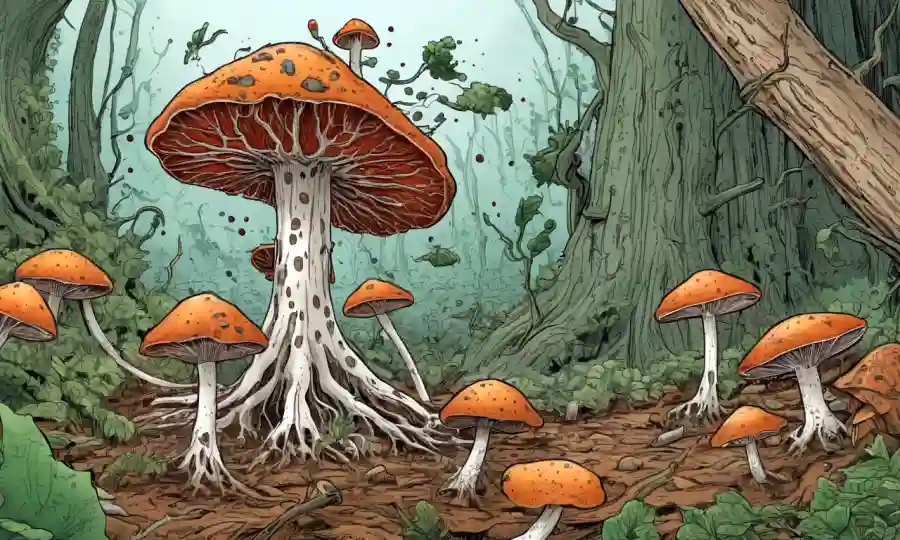 Imagen microscopio del proceso de descomposición de hongos dentro de una estructura eco-sistema.