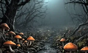 Fungi descompone la materia orgánica en un ambiente oscuro y húmedo.