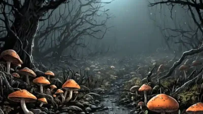 Fungi descompone la materia orgánica en un ambiente oscuro y húmedo.