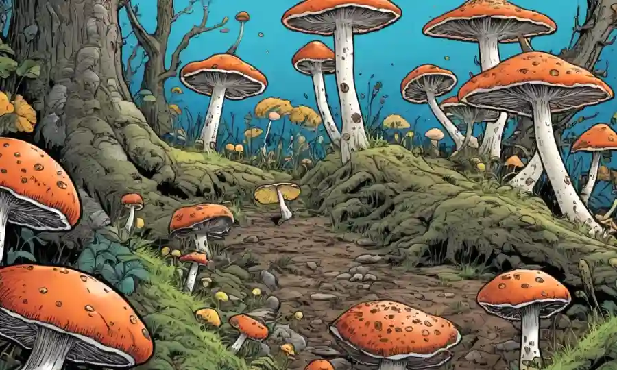 Fungi derribando materia orgánica en una ilustración detallada.