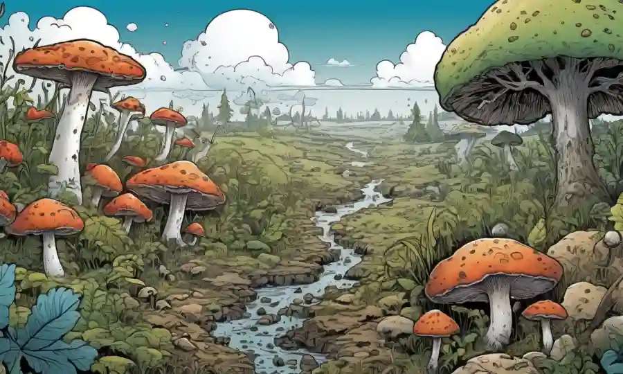 Paisaje cultivado por hongos con ilustraciones de células hongos y descomposición de materia orgánica.