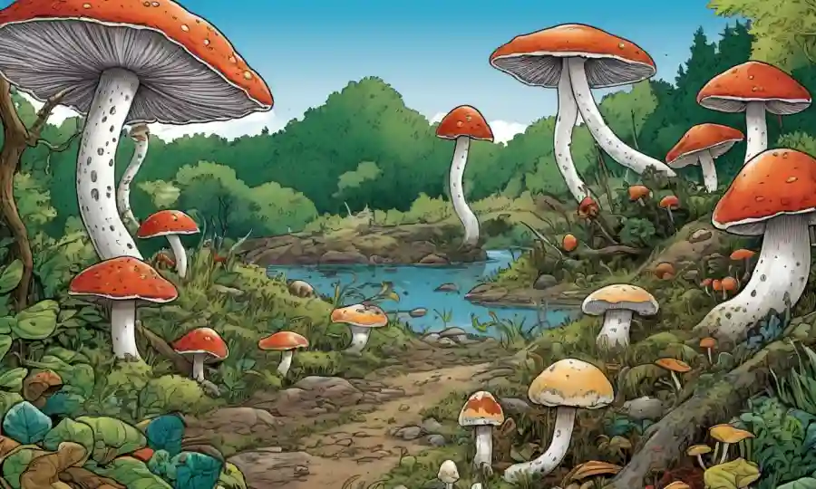 Ilustraciones de varias especies de hongos y sus relaciones ecológicas en entornos naturales.