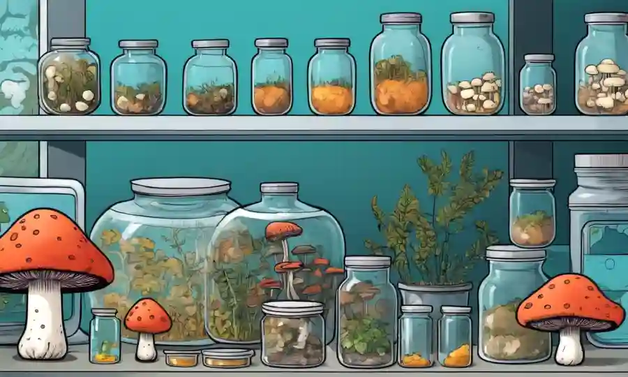 Un laboratorio de cultivo de hongos con varias muestras de hongos y platos Petri.