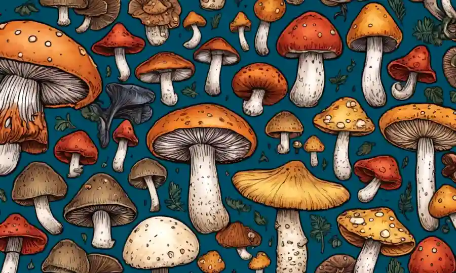 Imagen cercana de hongos diversos que muestran varias formas y tamaños.