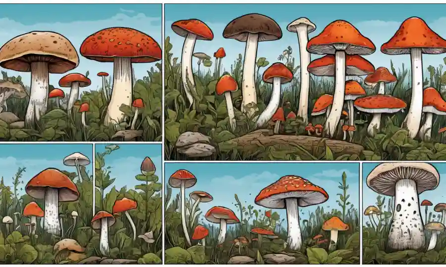 Ilustraciones detalladas de varias especies de hongos con etiquetas destacando sus características morfológicas.