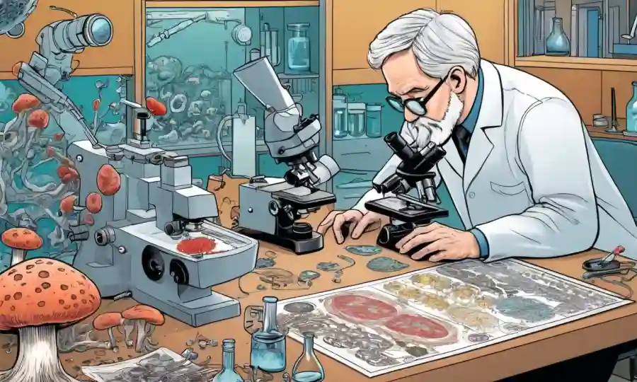 Científico que estudia muestras de hongos bajo microscopio rodeado de diagramas de equipos científicos.
