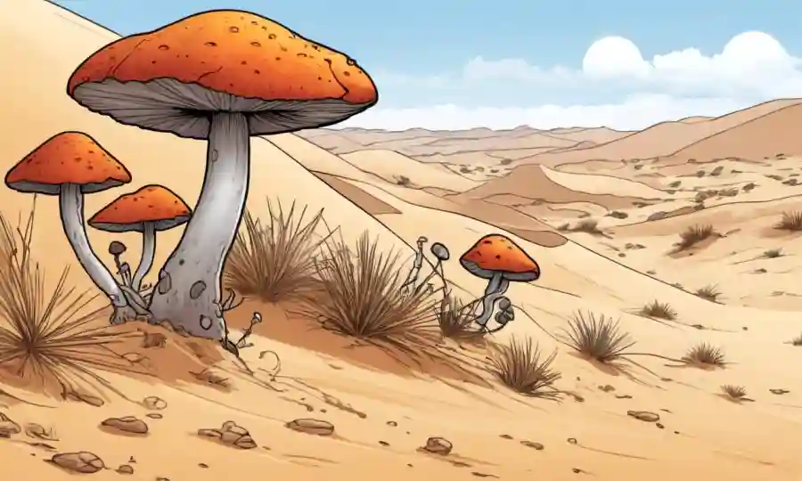 hongos desérticos coloridos en dunas arenosas, mostrando especímenes únicos.