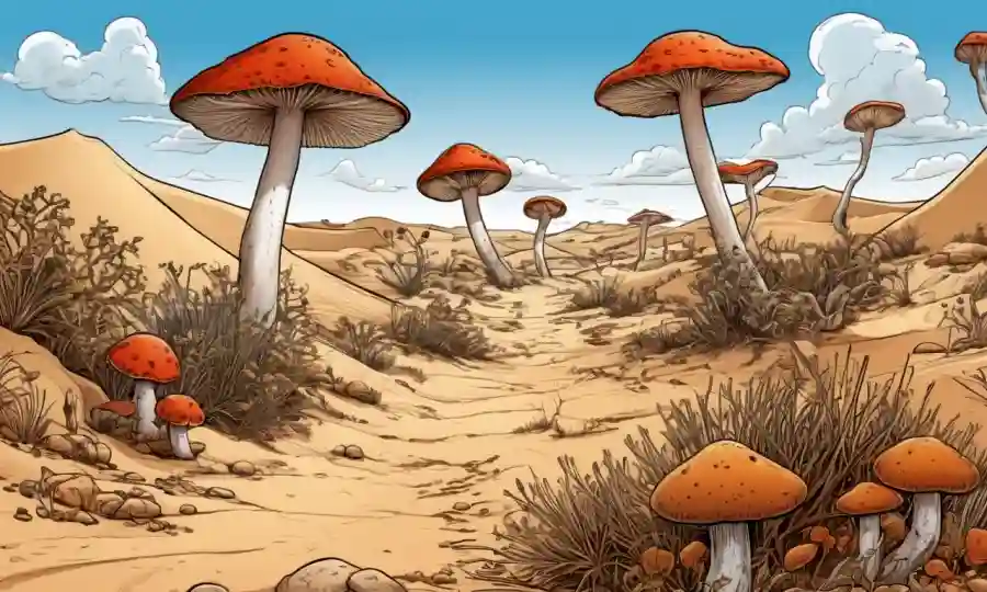 Paisaje del desierto con varias especies de hongos creciendo en medio de las dunas.