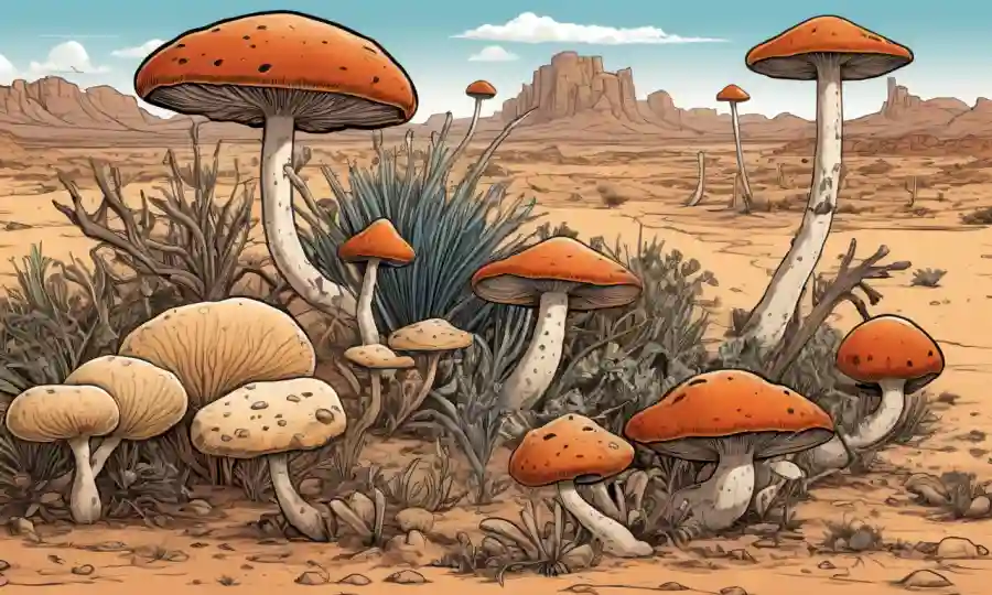 Sporadsoc hongos de varias formas y tamaños creciendo en el paisaje del desierto.