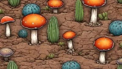 Disparo de macro de varios hongos coloridos que crecen en suelo desierto en medio de cactus.