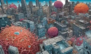Imágenes microscopias de microorganismos superpuestos sobre un paisaje urbano.