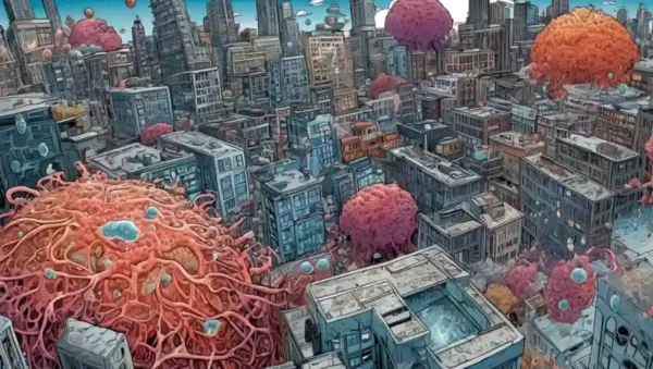 Imágenes microscopias de microorganismos superpuestos sobre un paisaje urbano.