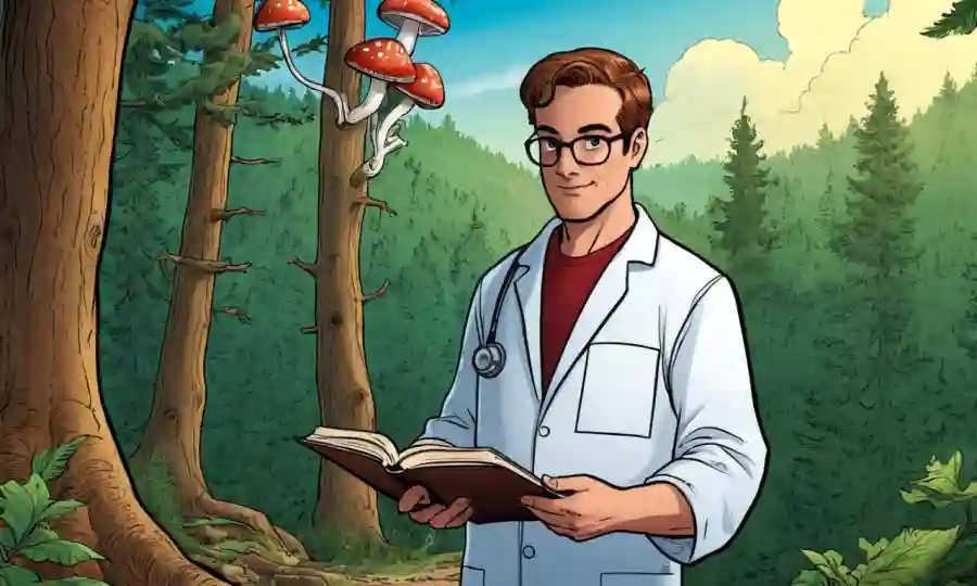 Un científico que tiene un libro de especímenes de hongos, en medio de un bosque escénico.