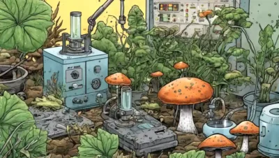 Imagen microscópica de hongos rodeados de equipos y plantas de laboratorio.