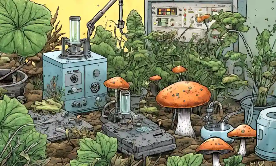 Imagen microscópica de hongos rodeados de equipos y plantas de laboratorio.
