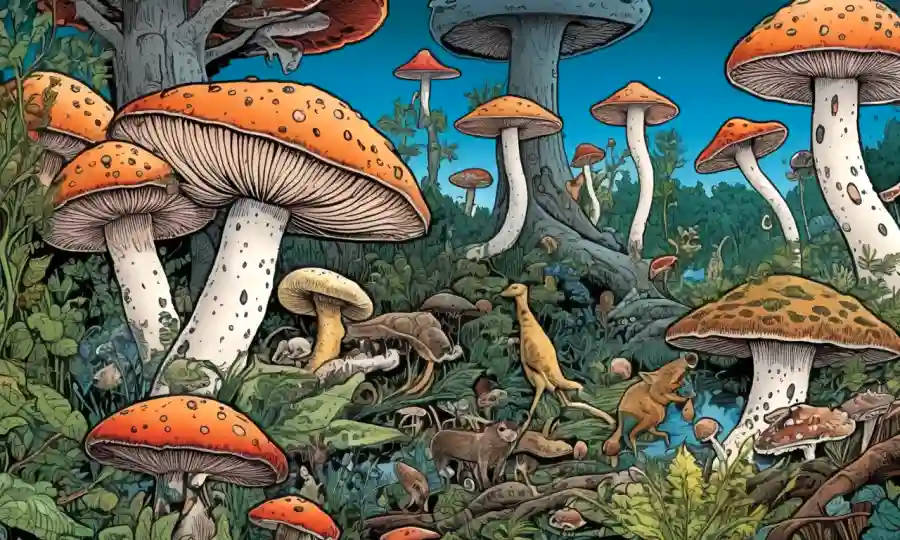 Ilustración de varios hongos interactuando con plantas y animales en un ecosistema, destacando la importancia de la micología.