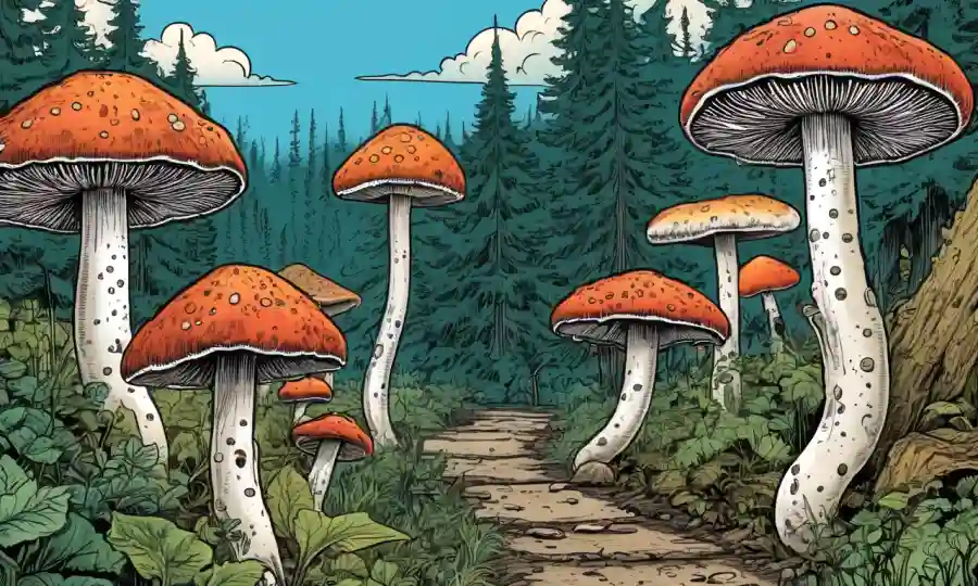 Ilustración de hongos en la naturaleza con texto superpuesto destacando detalles fascinantes.
