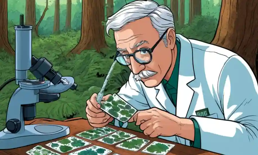 Científico examinando diapositivas de microscopio en medio de un fondo forestal, destacando la investigación fúngica.
