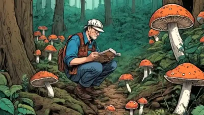 Micólogo examinando varias especies de hongos en un entorno forestal.