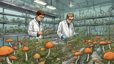 Ilustraciones de patrones de crecimiento de hongos y científicos en laboratorios.