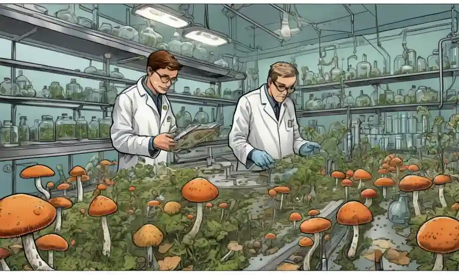 Ilustraciones de patrones de crecimiento de hongos y científicos en laboratorios.