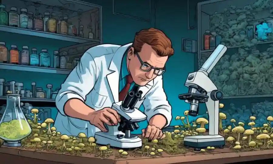 Científico examinando hongos bajo microscopio en un laboratorio contra un contexto médico/diseas.