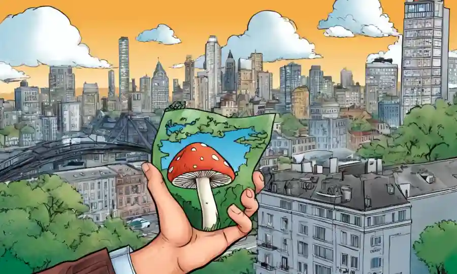 Una persona que tiene una muestra de hongos con un paisaje urbano en el fondo, representando la innovación y la integración tecnológica.