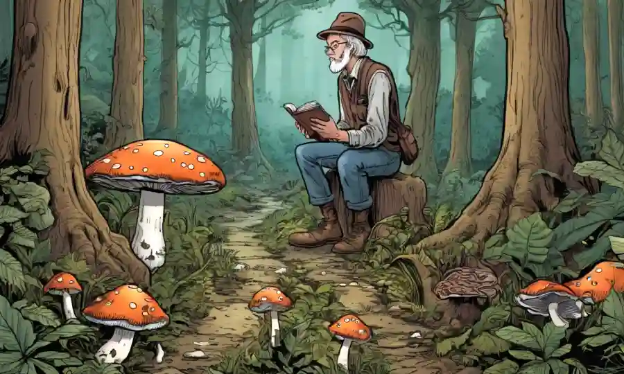 Planta forestal con varias especies de hongos rodeadas de una figura académica reflexiva.