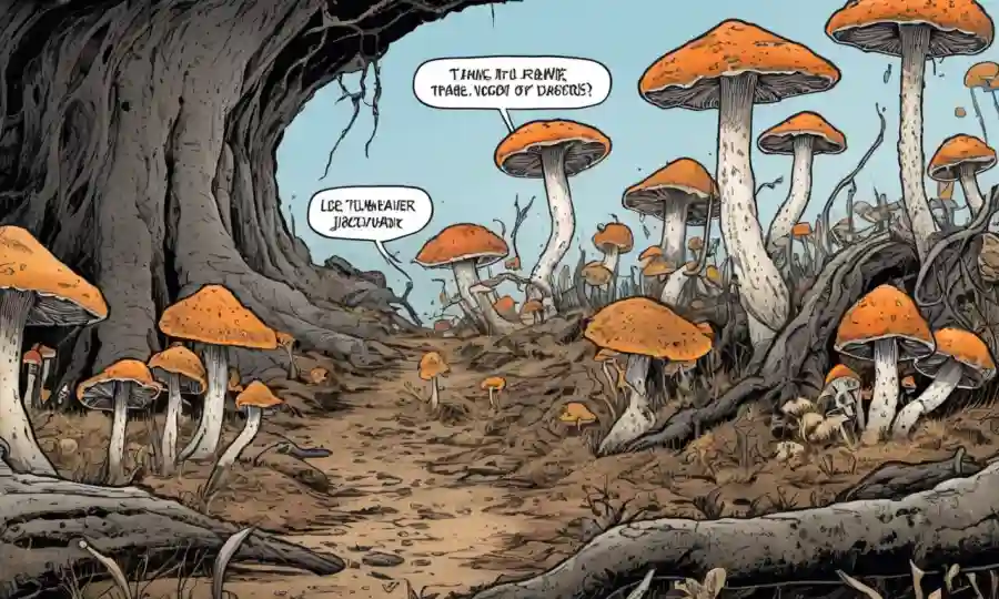 Un macroeconómico de hongos creciendo en la desintegración de la materia orgánica, con superposiciones de texto que abusan del mito.