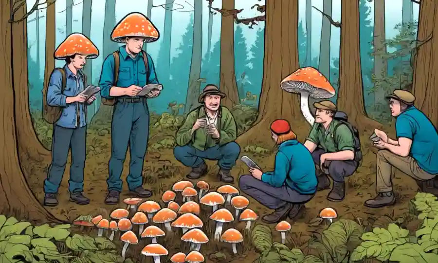 Un grupo de personas que examinan hongos en el bosque con texto supera los mitos comunes.