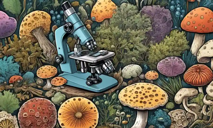 Un microscopio que muestra varios tipos de células de hongos, rodeado de elementos naturales.
