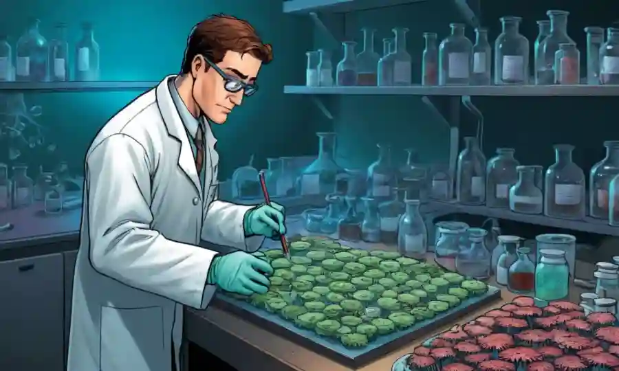 Un científico recoge y prepara muestras fúngicas en un entorno de laboratorio.