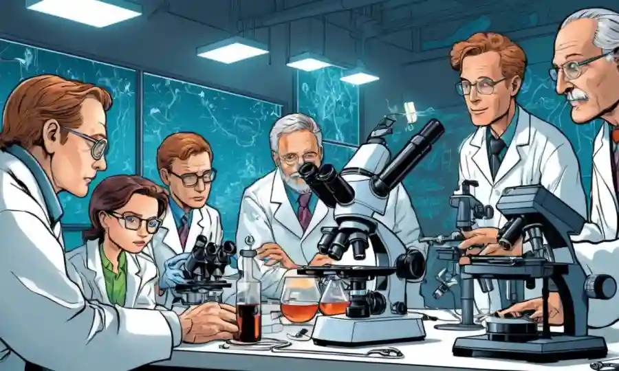 Científicos de diferentes disciplinas se reunieron alrededor de un microscopio o tabla de datos que discuten la importancia de la simbiosis en la ciencia.