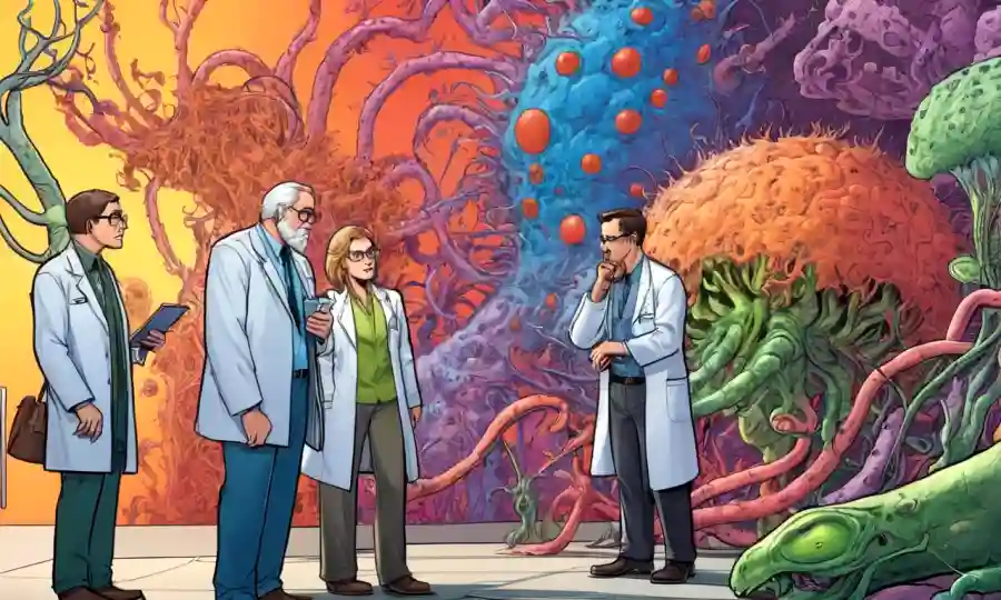 Científicos de pie cerca de una ilustración colorida de las relaciones simbióticas