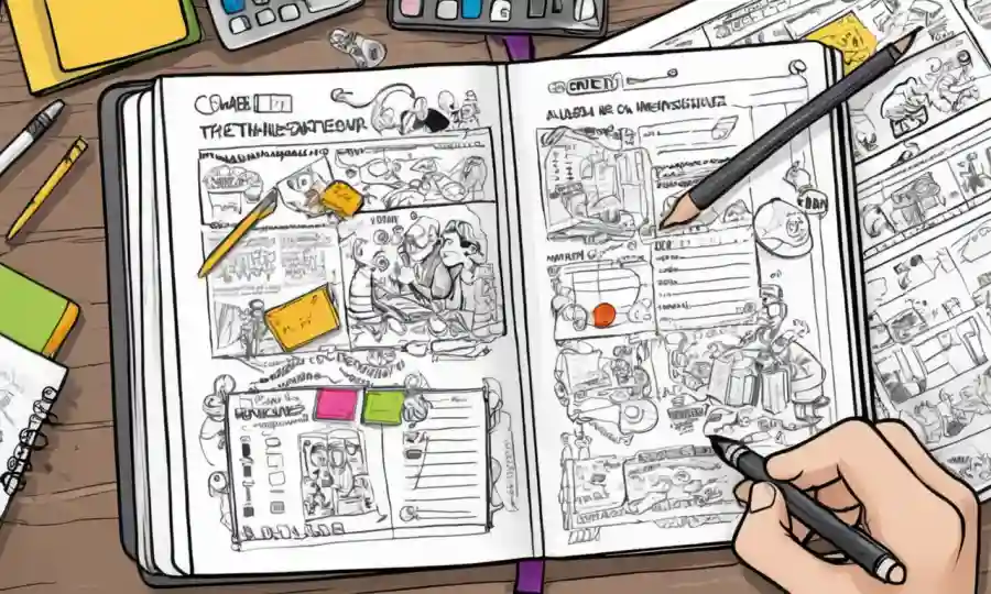 Persona recopilando datos en un cuaderno con herramientas organizativas que lo rodean.