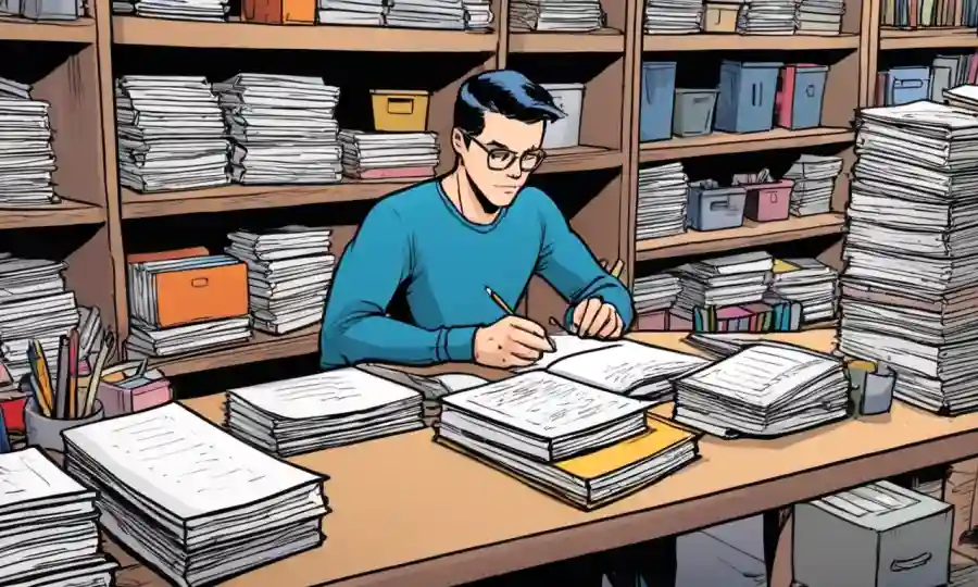 Persona escribiendo en un diario mientras se sienta cerca de montones de papeles y papelería.